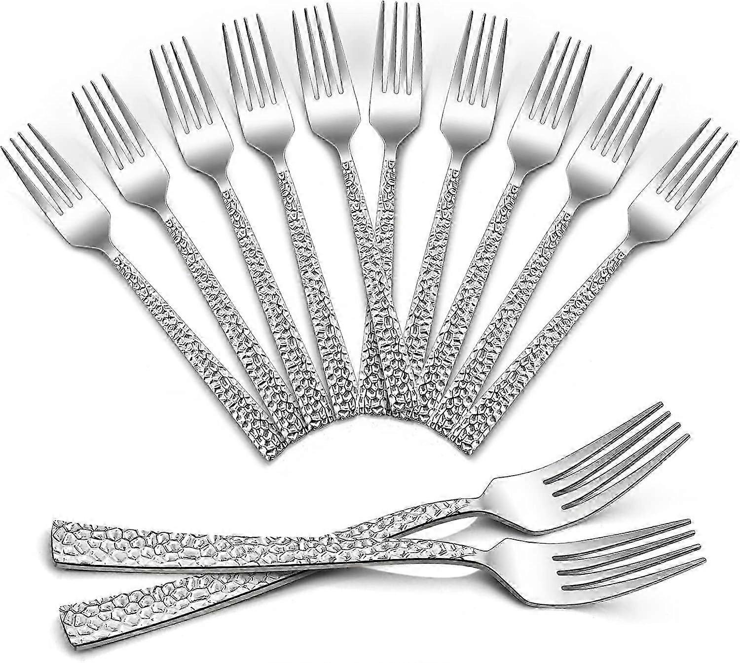 Steel Table Forks 12-Piece Set, Large Silver Table Forks, Square Hammered Handles SZRH