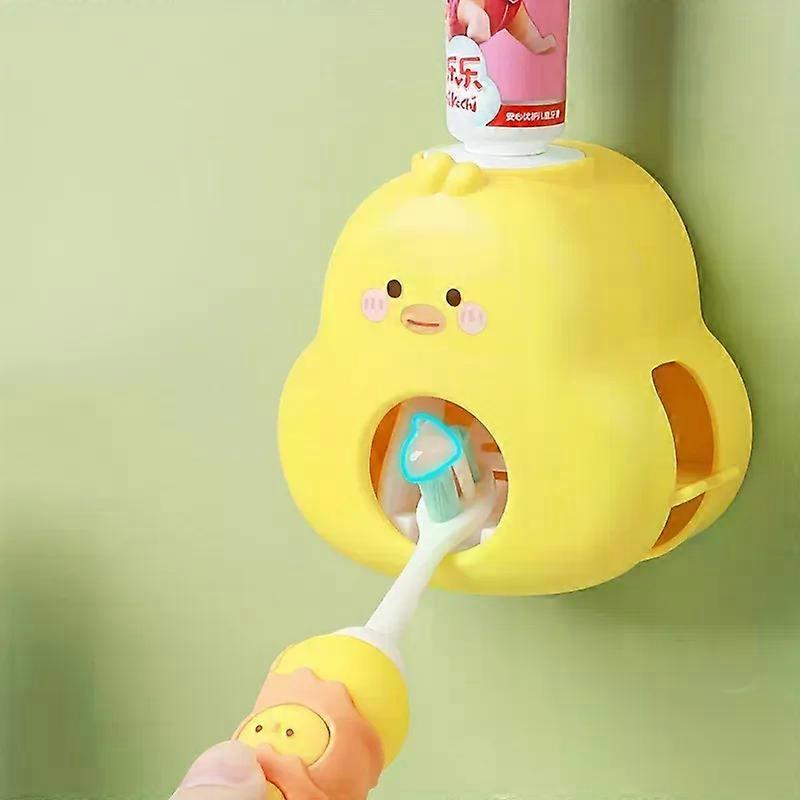Cute Yellow Duck Automatic Toothpaste Dispenser with Built-In Toothbrush Holder - Wall Mounted Easy Squeeze Bathroom Accessory