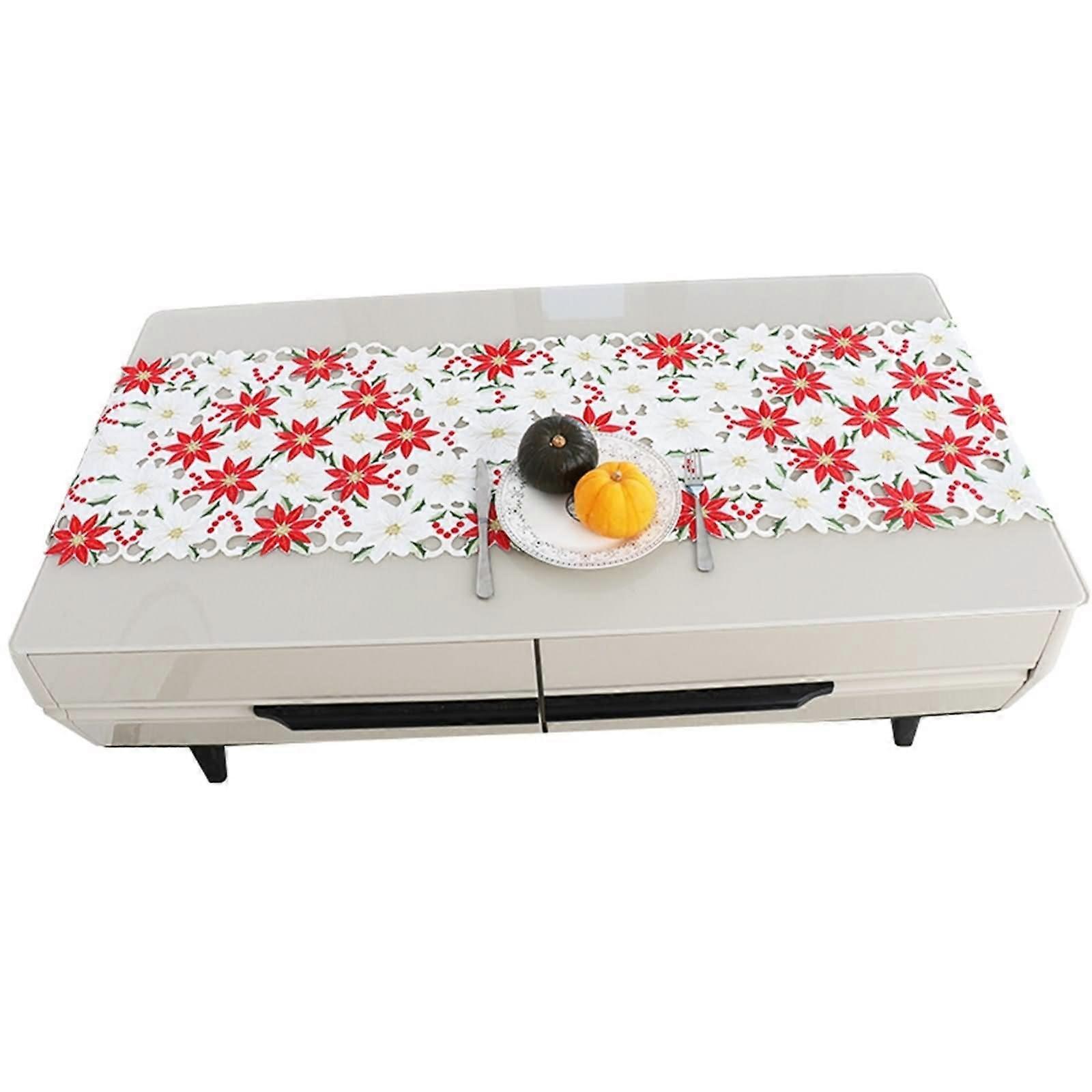 Dining Table Runner with Fringed Hollow Embroidery, Red Polyester 40x180cm for Home Decor