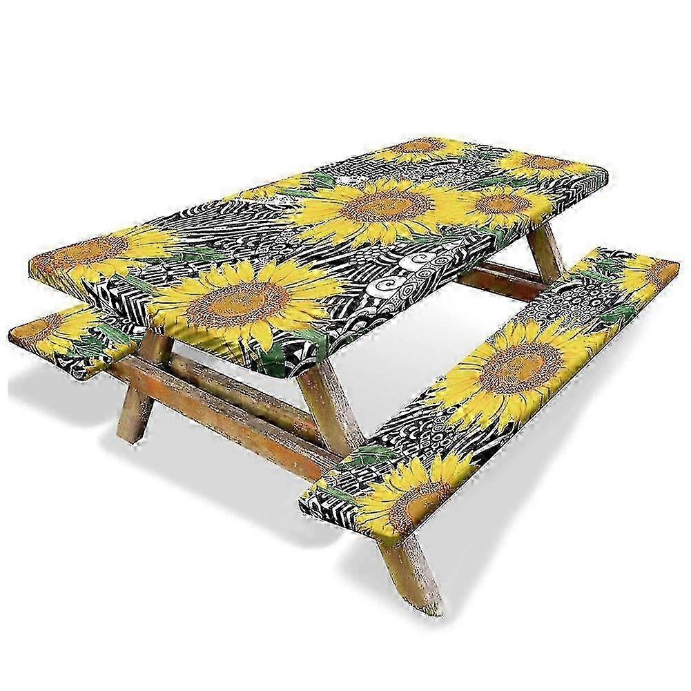 Sunflower Pattern 3pcs Picnic Table & Bench Cover Set Windproof Elastic Outdoor