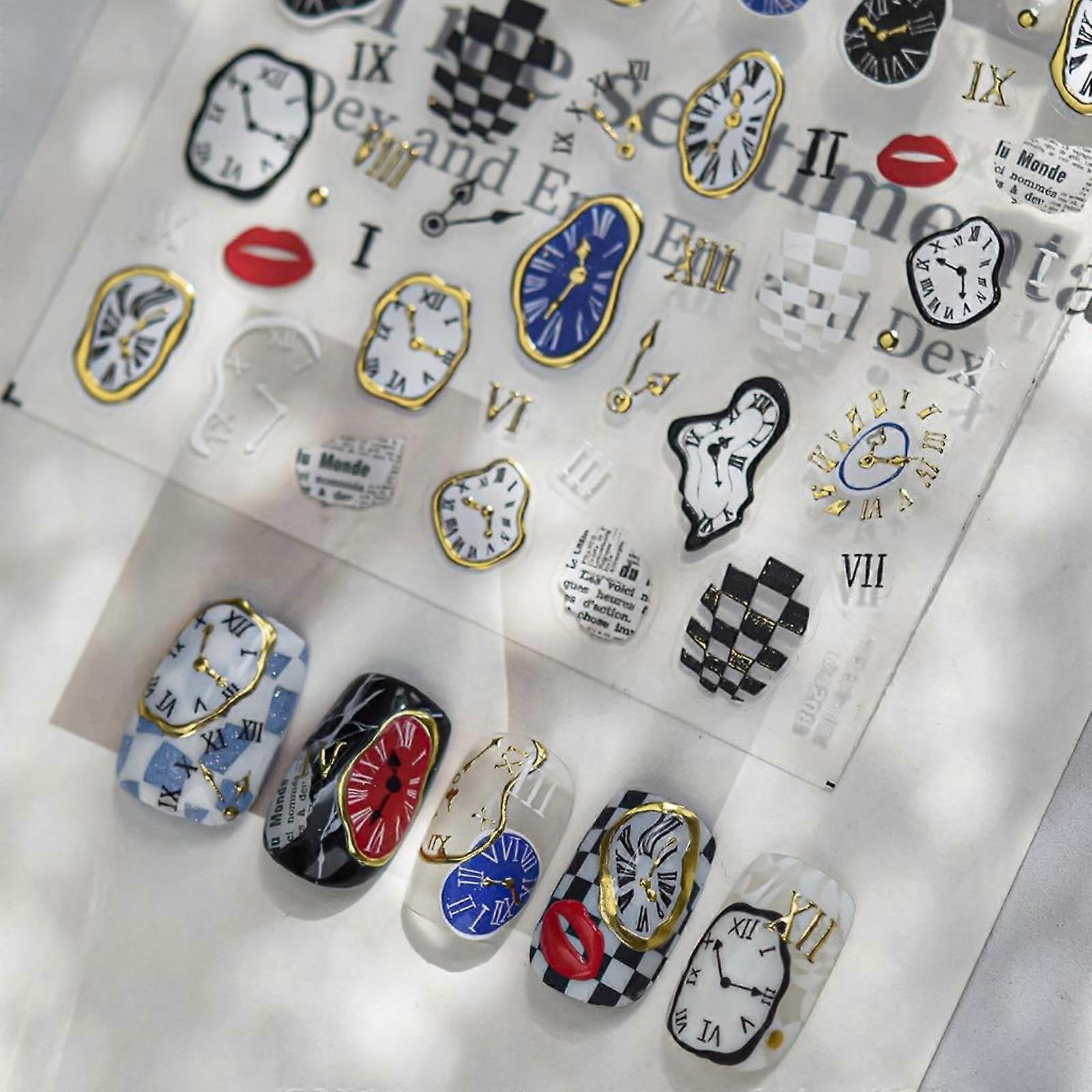 Elegant Timepiece Nail Art Stickers with Gold Clock Decals, 5D Embossed Self Adhesive Design