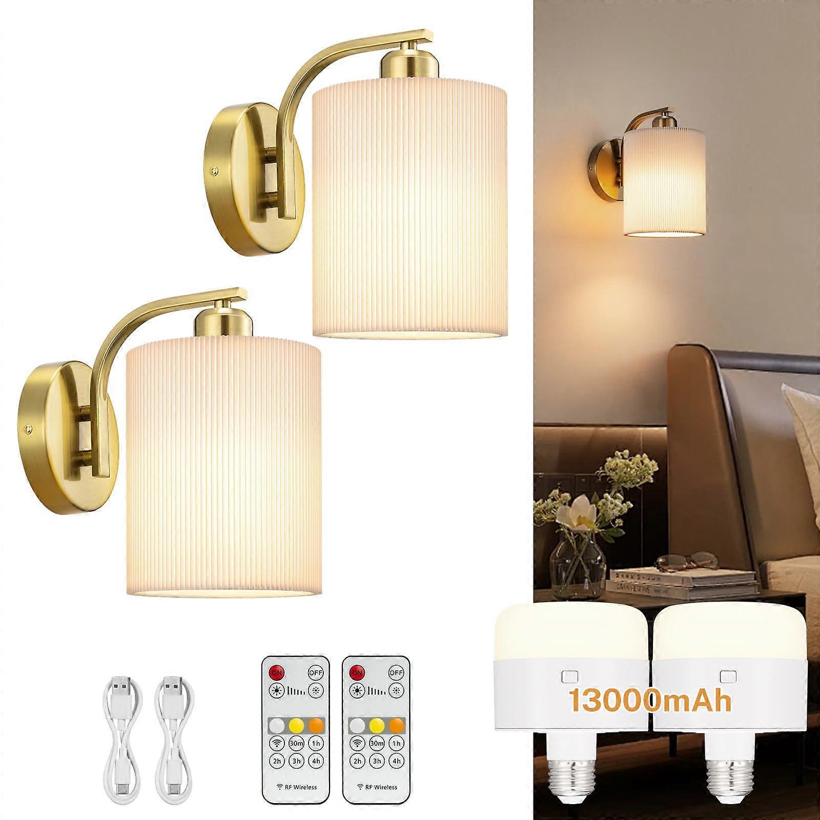 Battery Operated Wall Sconce Set of 2, Rechargeable 13000mAh, Dimmable LED with Remote, Gold