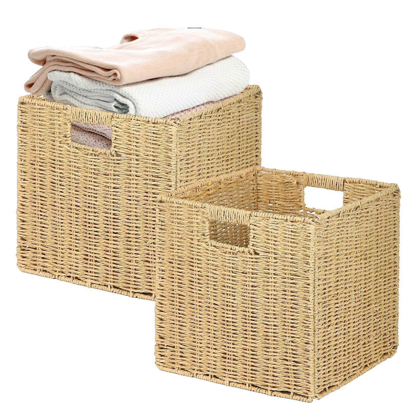 Storage Basket Set of 2, Foldable Seagrass Bins with Handles, 12x12x12 Inch Shelf Organizer
