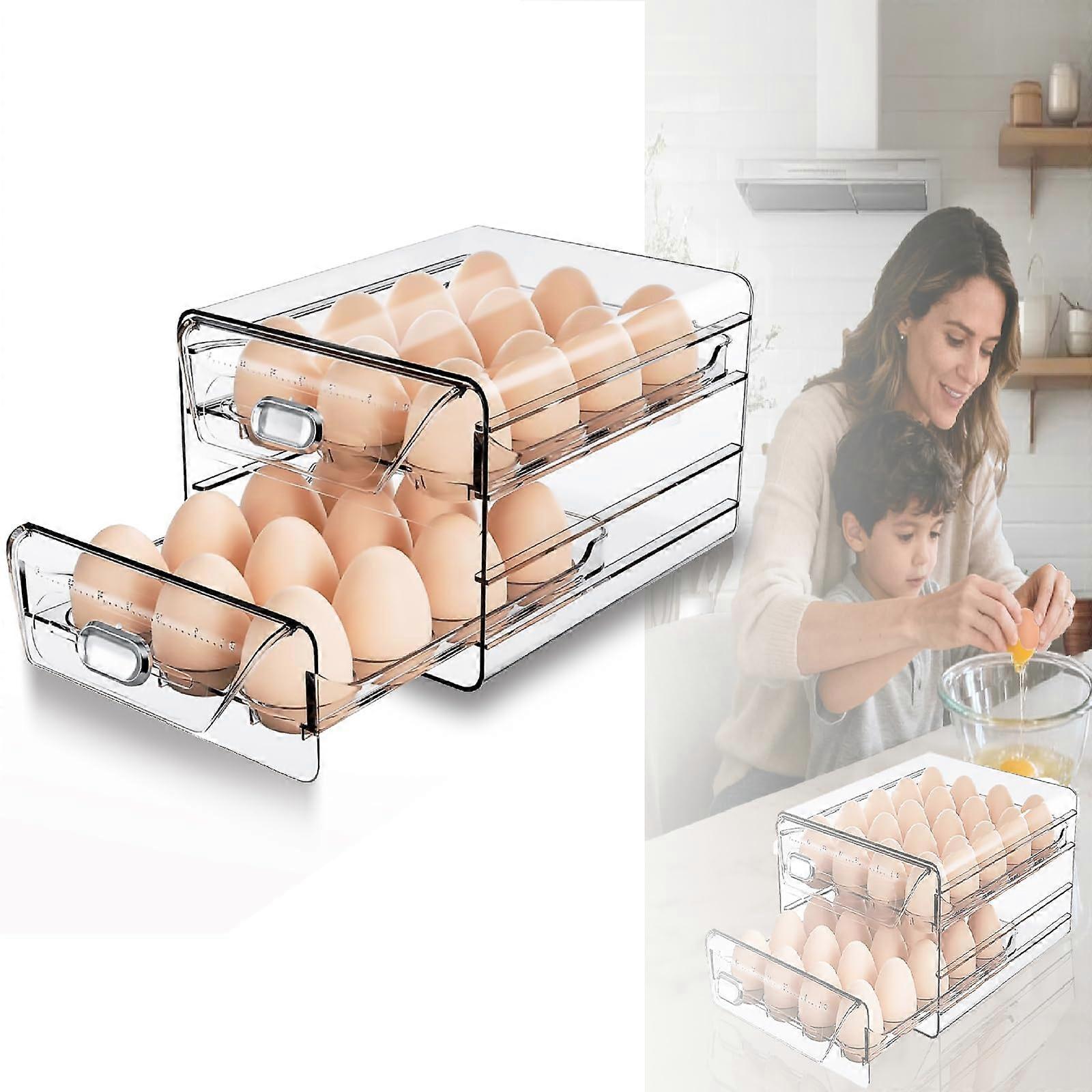Egg Holder for Refrigerator, Clear 24 Egg Organizer with Drawers and Freshness Date Tracker