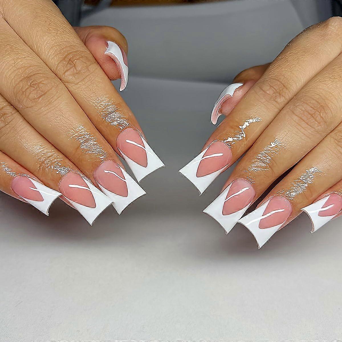 Medium Pink Press on Nails Square Acrylic French Tips Duck Shape Set 24Pcs Durable False Nails