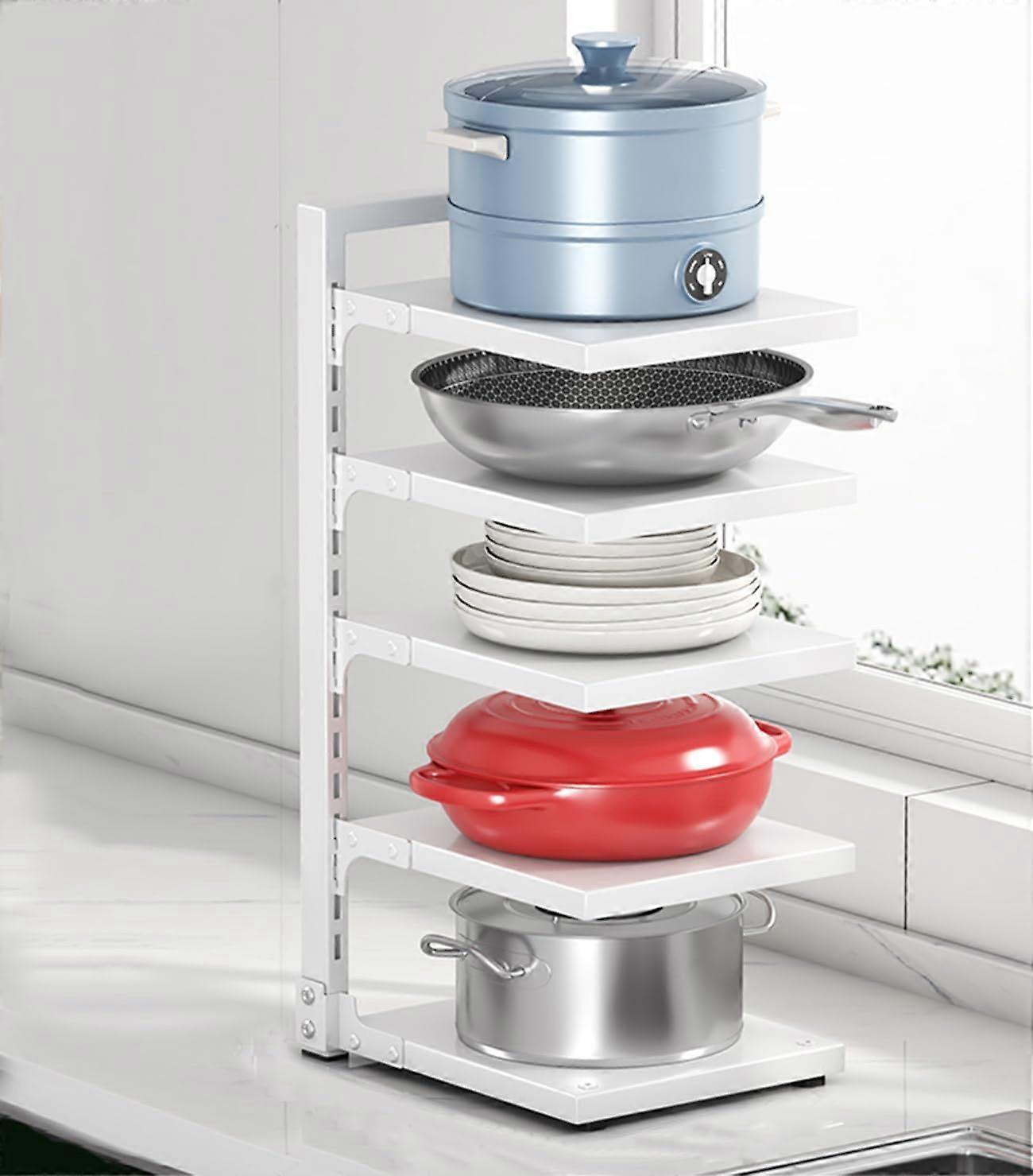 Pot and Pan Organizer 5 Tier Adjustable Cookware Storage Rack with SpaceSaving Vertical Design White