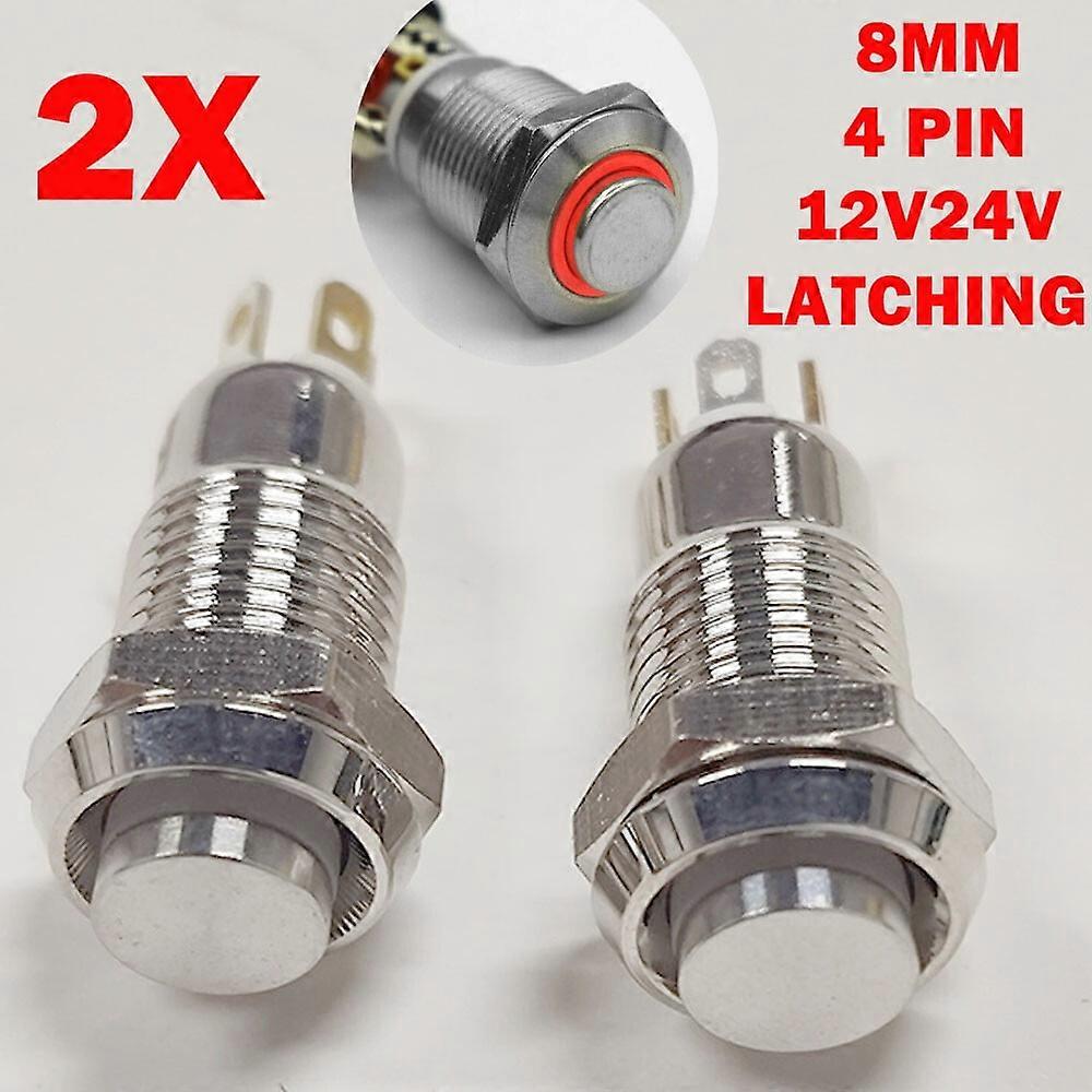 2pc 8mm Small Metal Push Button Switch 4Pin LED Latching/Self Locking Waterproof