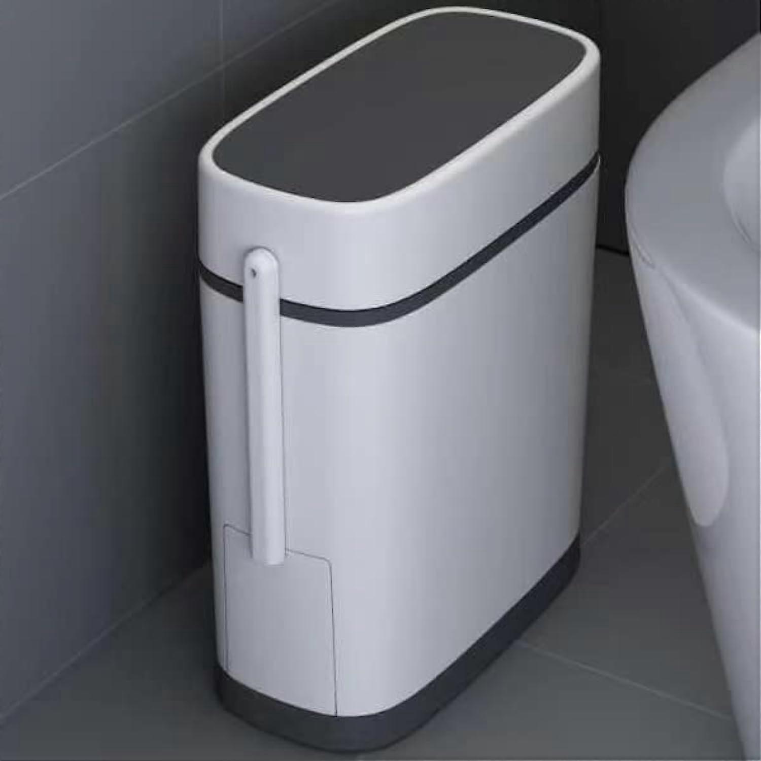 14L Slim Trash Can with Lid, Dual Compartment Design, White Rectangular Bin for Bathroom Kitchen Office