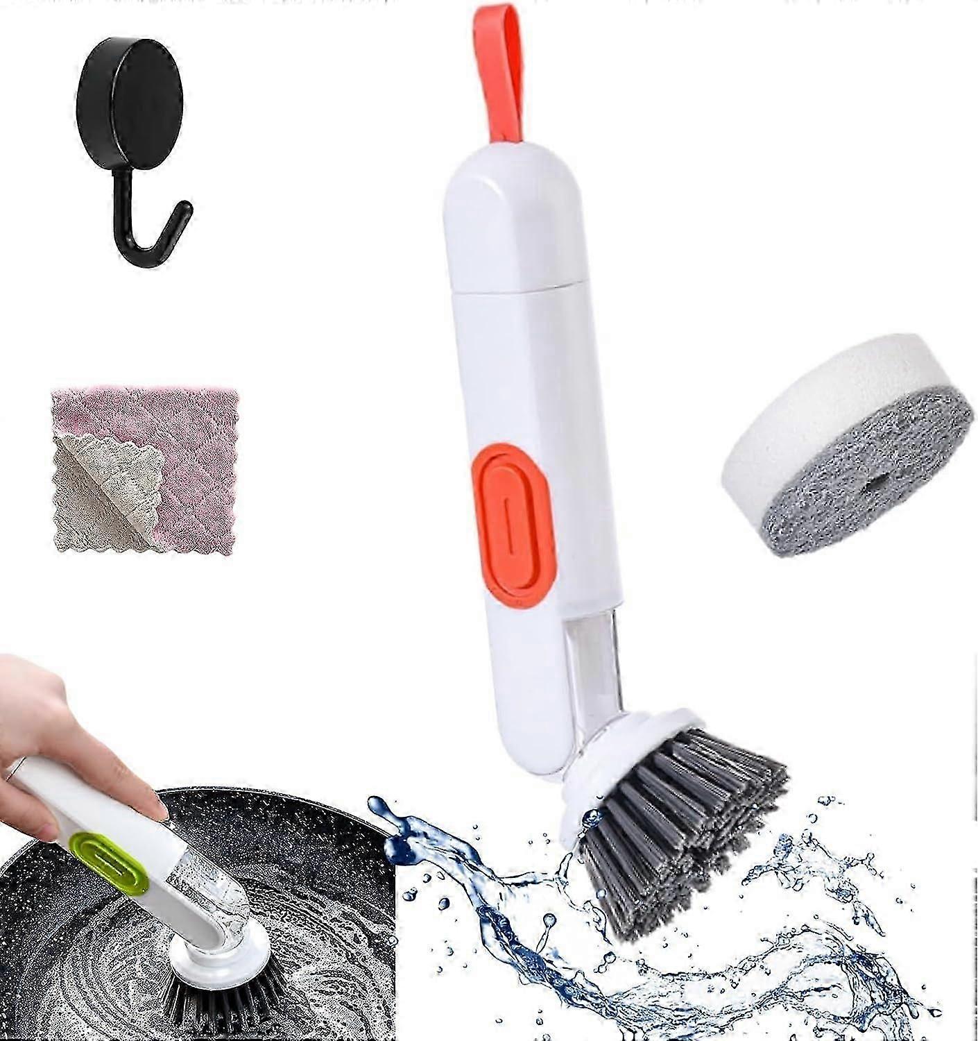 Multi-Functional Long-Handle Liquid-Filled Cleaning Brush,Automatic Adding Liquid Long Handle Hydraulic Brush for Kitchen with Replaceable Brush (Red+