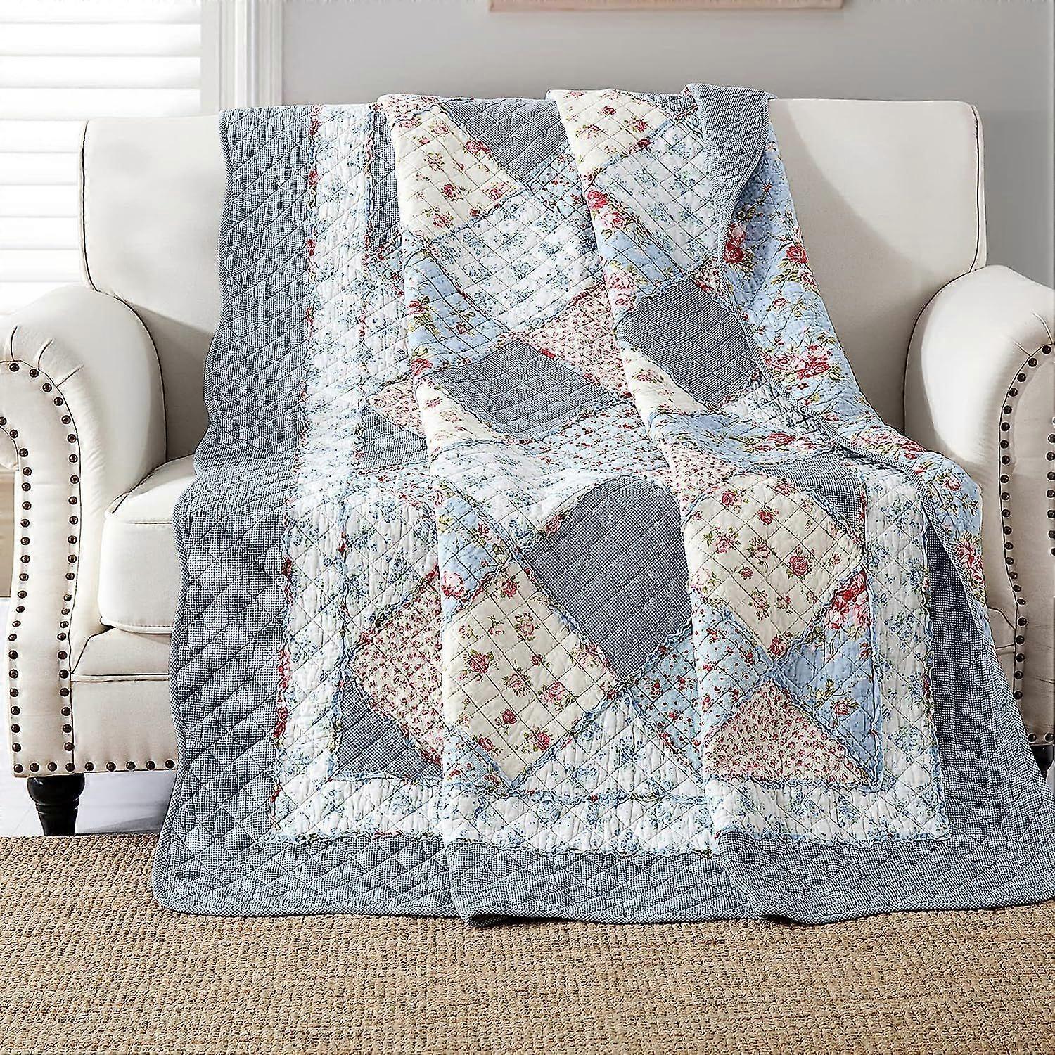 Blue bedspread 150x200cm, soft and comfortable 100% cotton single bedspread, blue patterned patchwork bedspread, real patchwork bedspread, suitable fo