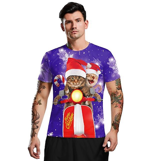 2022 منفذ جديد الرجال سلسلة عيد الميلاد لطيف القط الكرتون 3D الطباعة قصيرة الأكمام أعلى