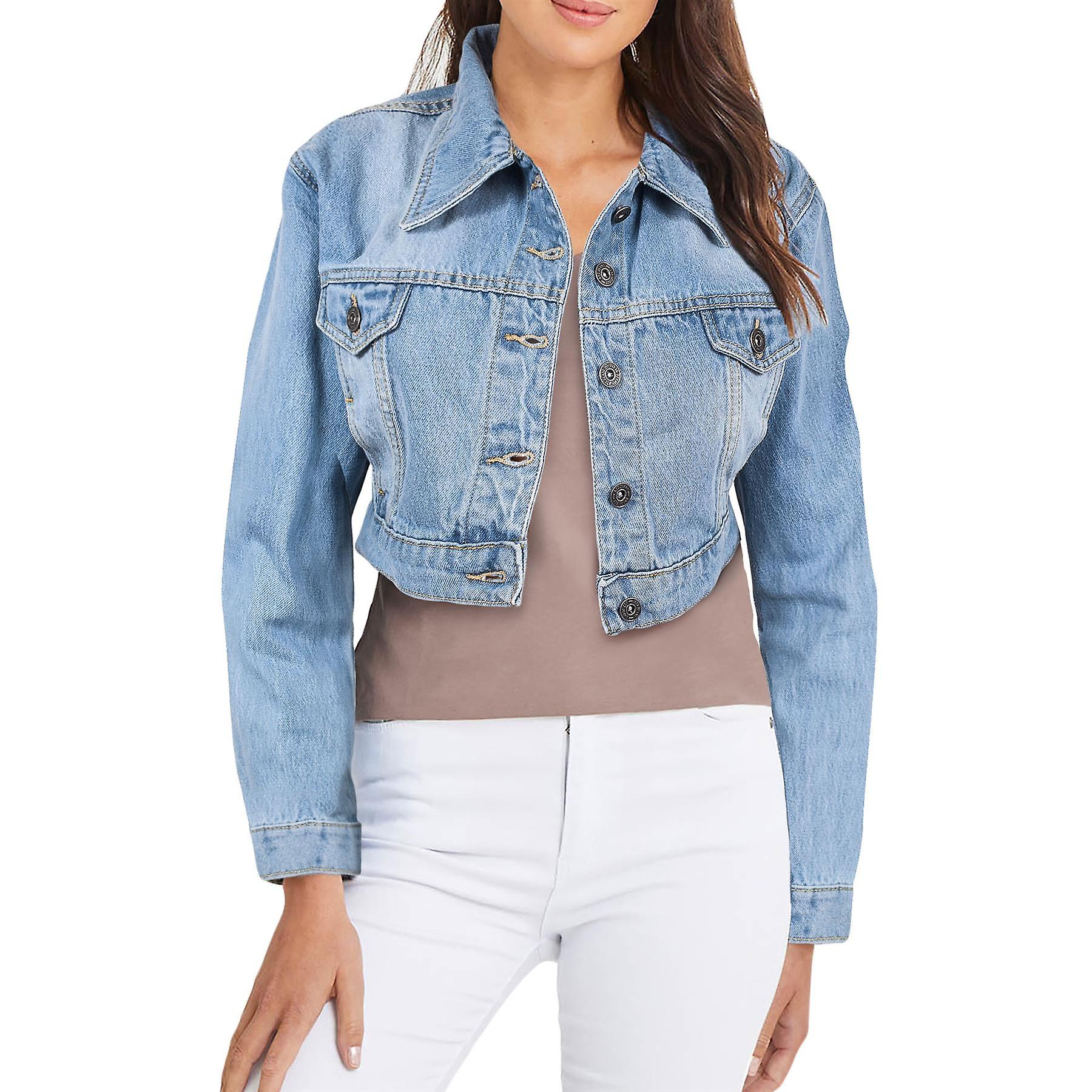 Ladies Women Fashion Cropped Denim Jacket Jean Long Sleeve Jacket Size 8-20