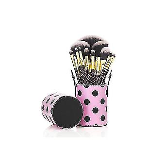 12 Make Up Brushes Cup Sets - 2 couleurs Polka Dot Pink Synthetic Hair Gold Aluminium Ferrule Natural Wood Handle Leather Cup