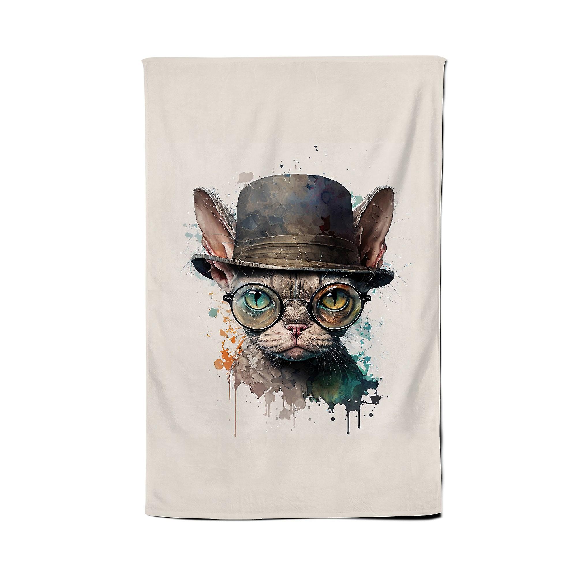 Devon Rex Cat With Glasses Splashart Tea Towel