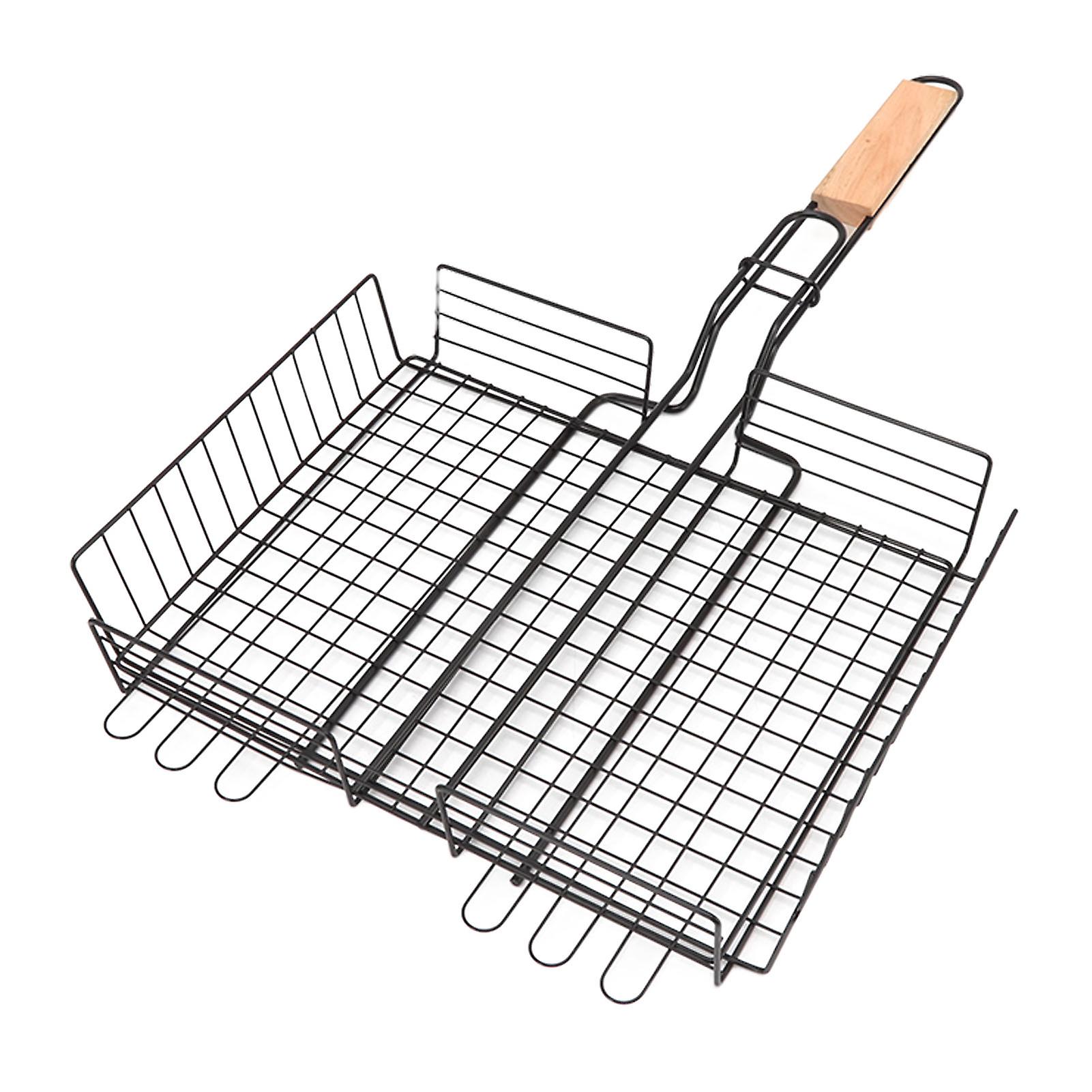 BBQ Grilling Basket Non Stick Iron with Beech Handle Fish Grill Mesh Fish Grill Mesh Rack for Outdoor Camping