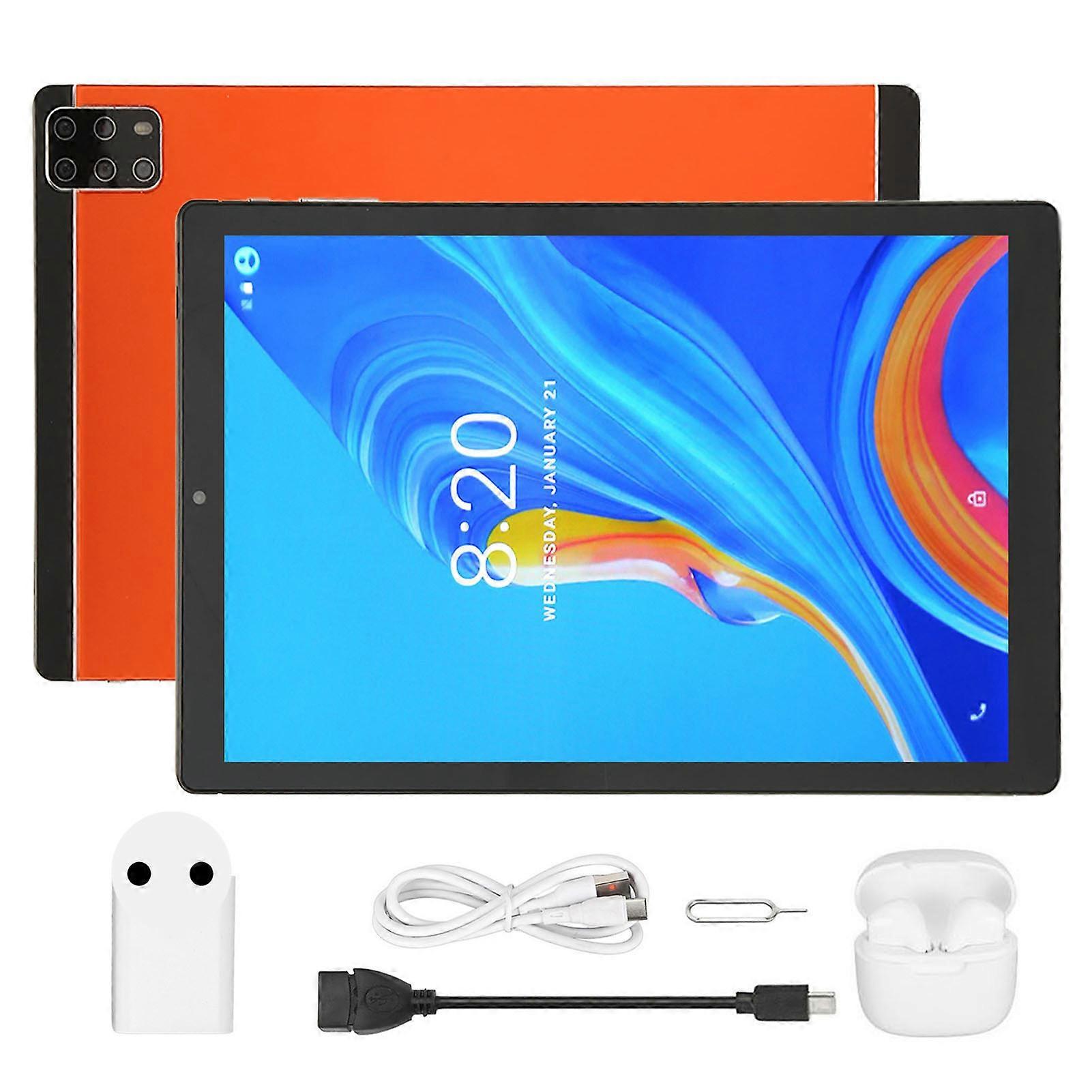 10.1 Inch Tablet for Android 12 10 Core CPU 6GB 128GB 5G WiFi 2MP 5MP 8800mAh Tablet PC with Bluetooth Earbuds 100?240V Orange EU Plug