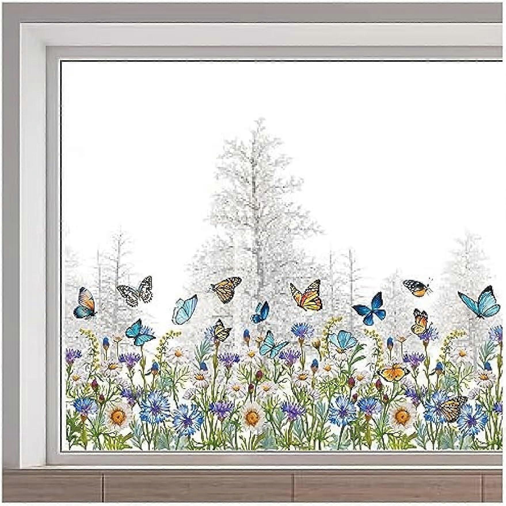 118x39cm Floral Window Decals Green Grass Daisy Flowers Butterfly Window Clings Transparent Stained Window Sticker Non Adhesive Double-Sided Static Fi