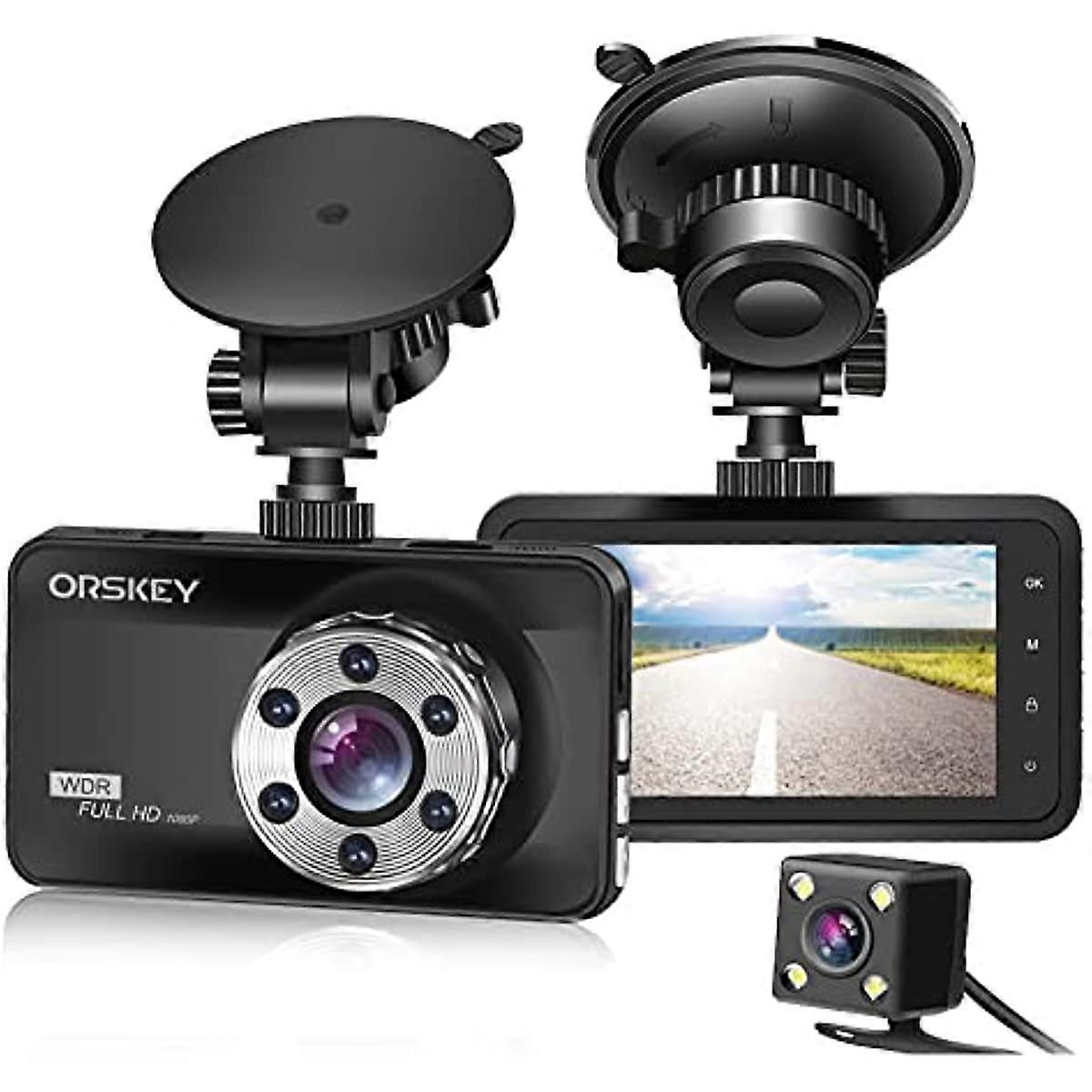 ORSKEY Dash Cam Front and Rear 1080P Full HD Dual Dash Camera In Car Camera Dashboard Camera Dashcam for Cars 170 Wide Angle HDR with 30 LCD Display N