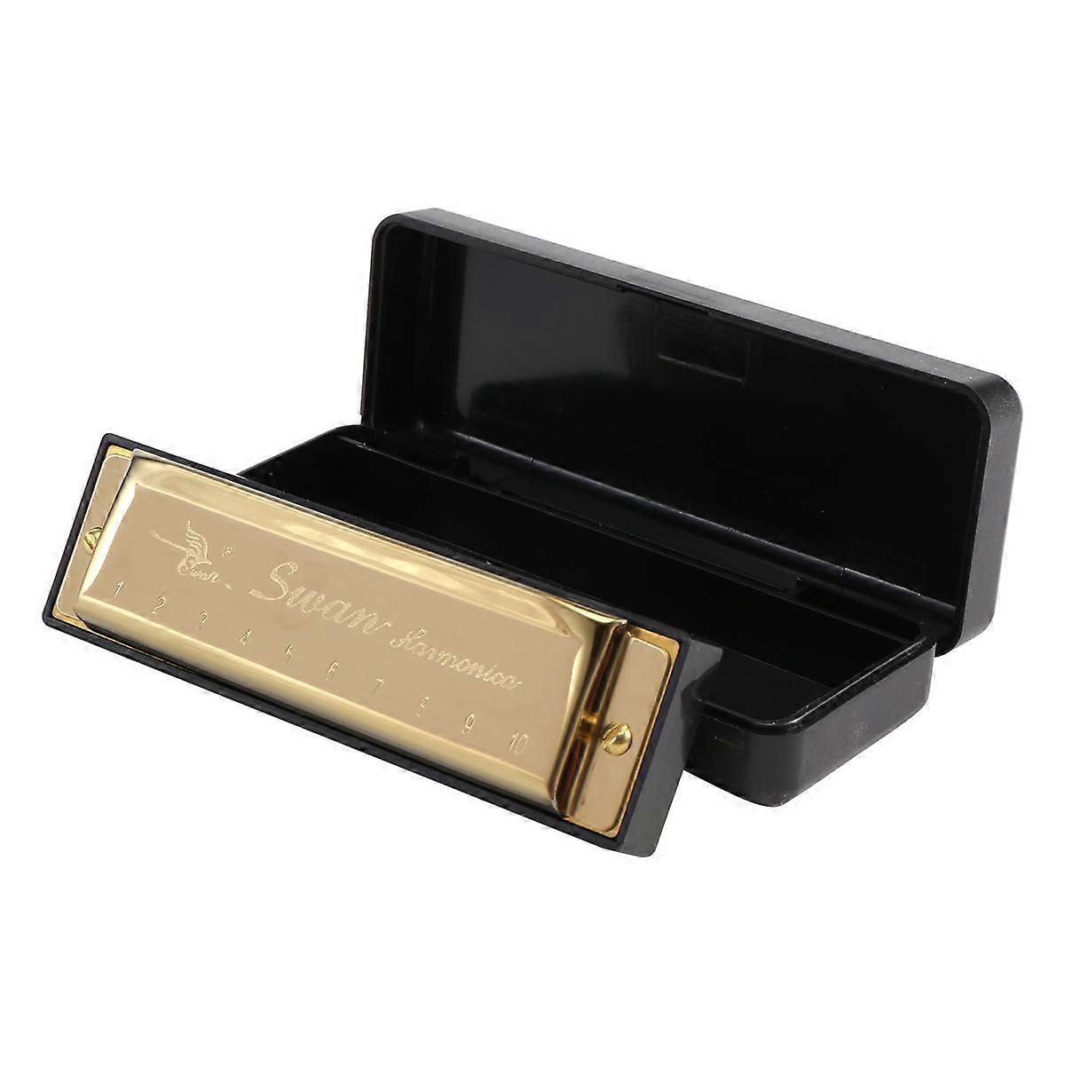 Swan Harmonica 10 Holes Key of C GOLDEN with Case Blues Harp Metal Steel NEW