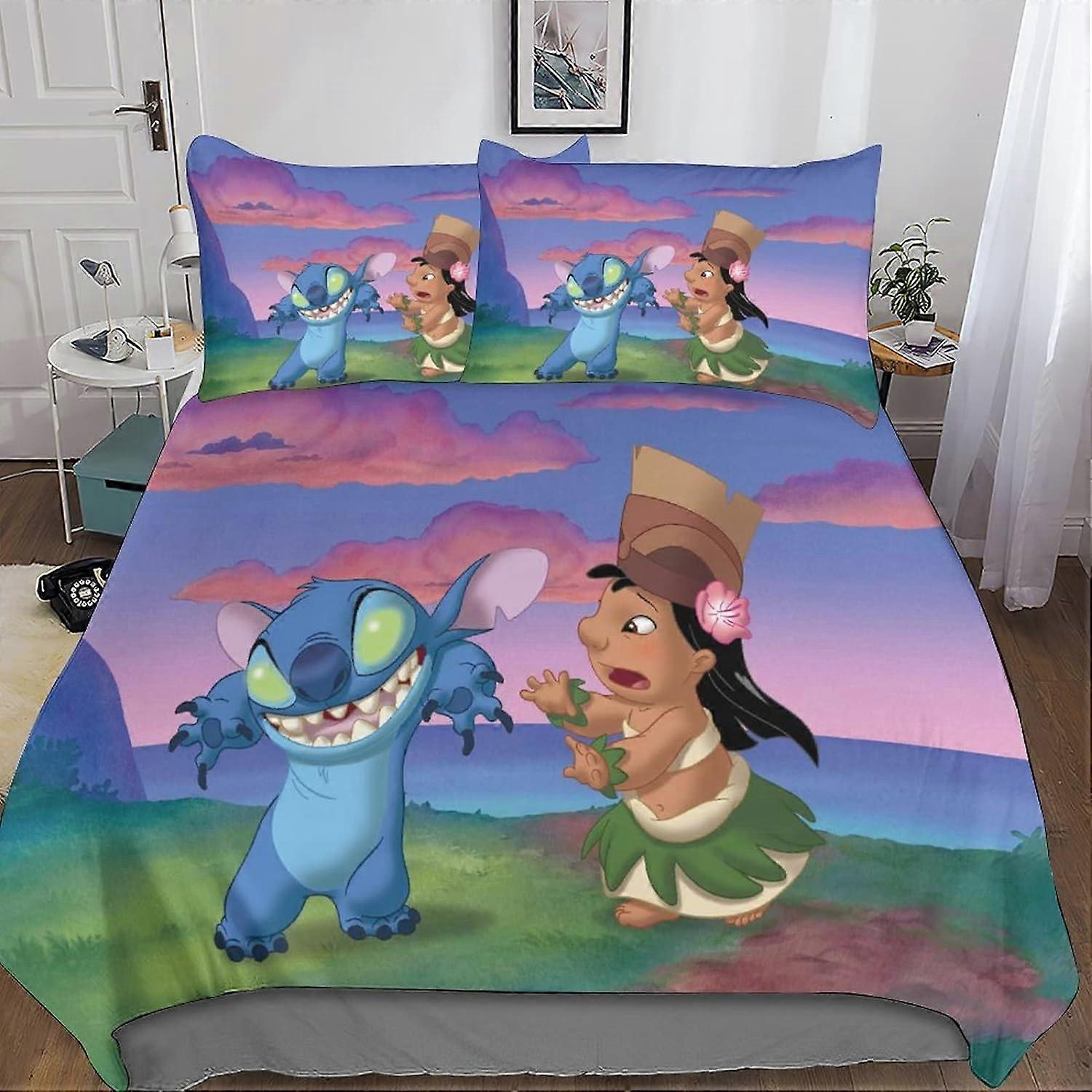 Copripiumino Stitch Set di biancheria da letto in microfibra Lilo & Stitch Pieces Copripiumini con cerniera Federe Doublex
