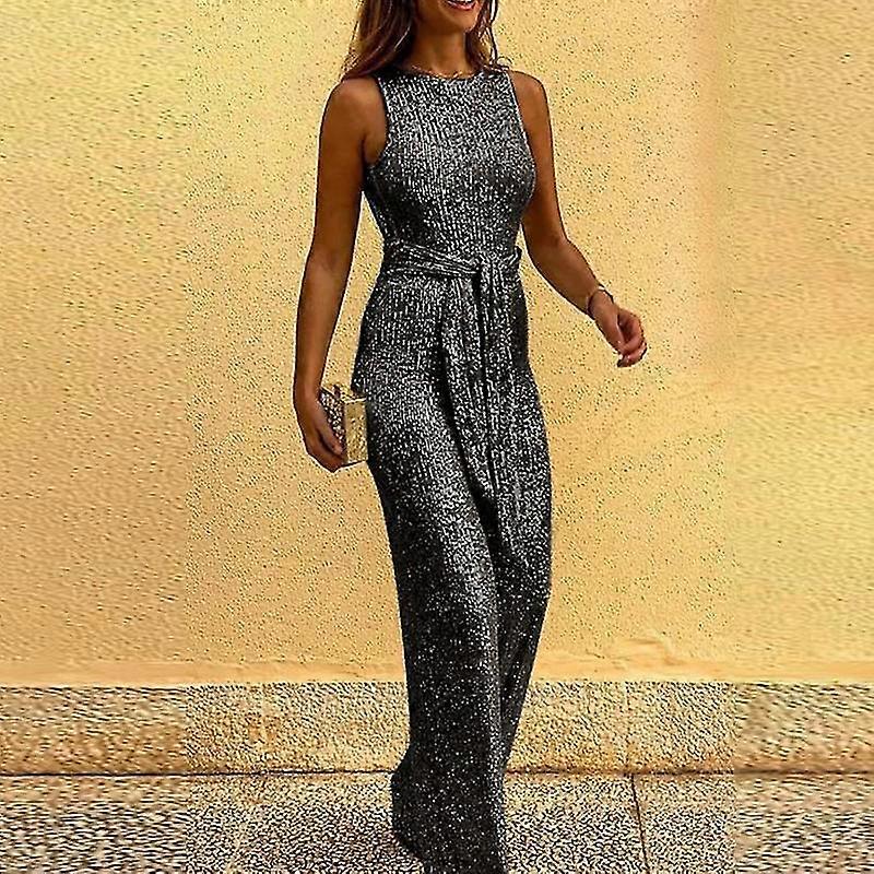 Avrupa ve Amerikan yuvarlak yaka kolsuz kişilik payetli gümüş nokta tulum kadın giyim