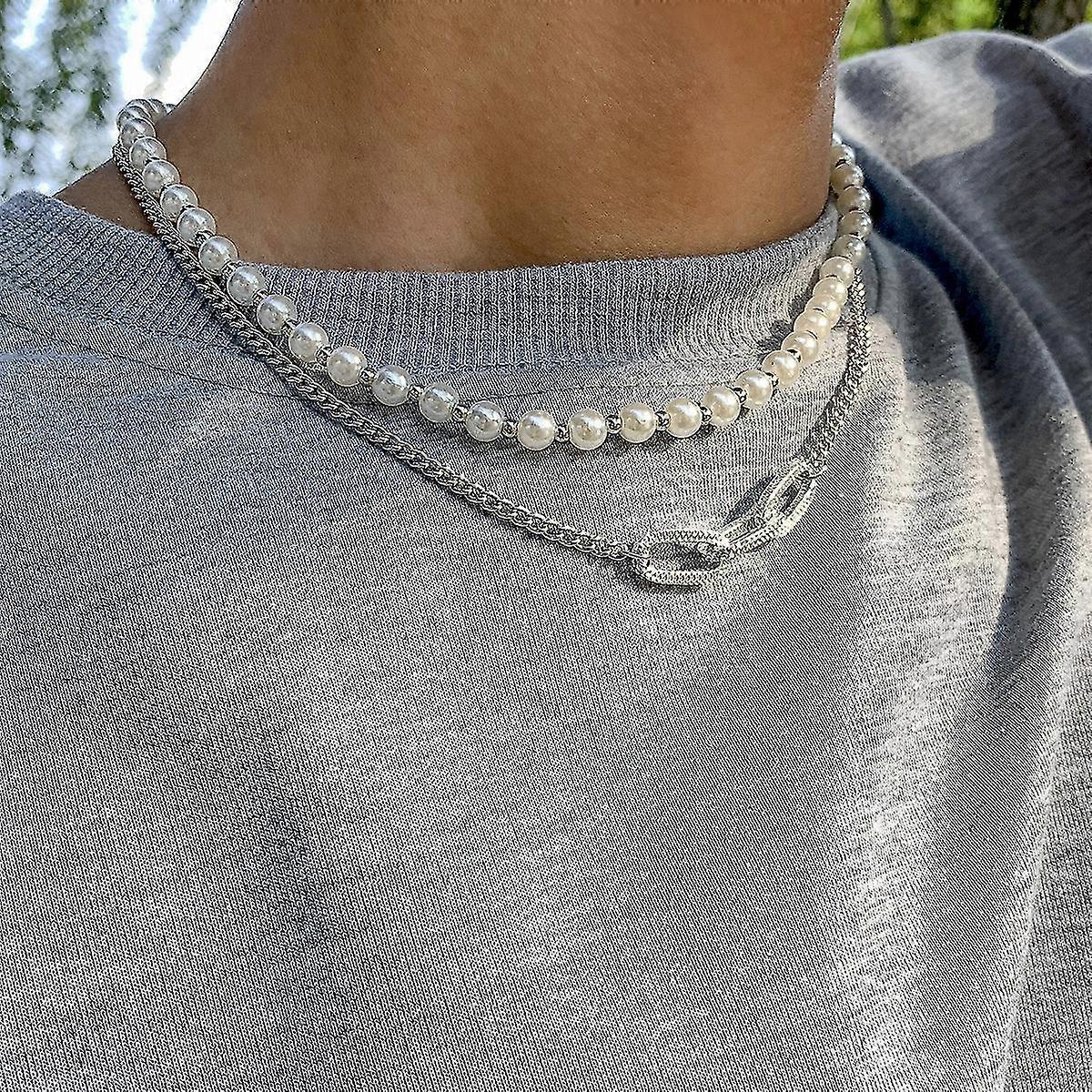 ヒップホップ レトロ イミテーション パール メンズ ネックレス ホワイト K セット 2564