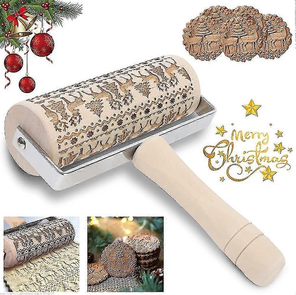 Rolling Pin, Wood Rolling Pin 3d Engraved Beech Embossing, Christmas Embossed