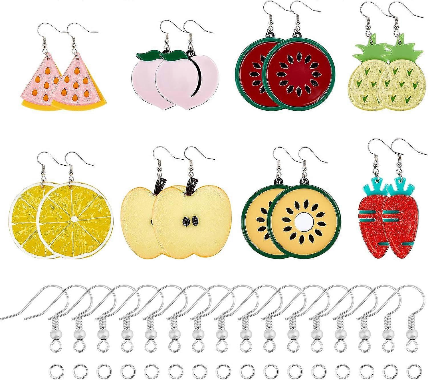 1 Bag DIY 8 Pairs Fruits Dangle Earring Making Kits Watermelon Carrot Peach Lemon Pear Resin Charms Pendants & Earring Hooks & Jump Rings for DIY Maki