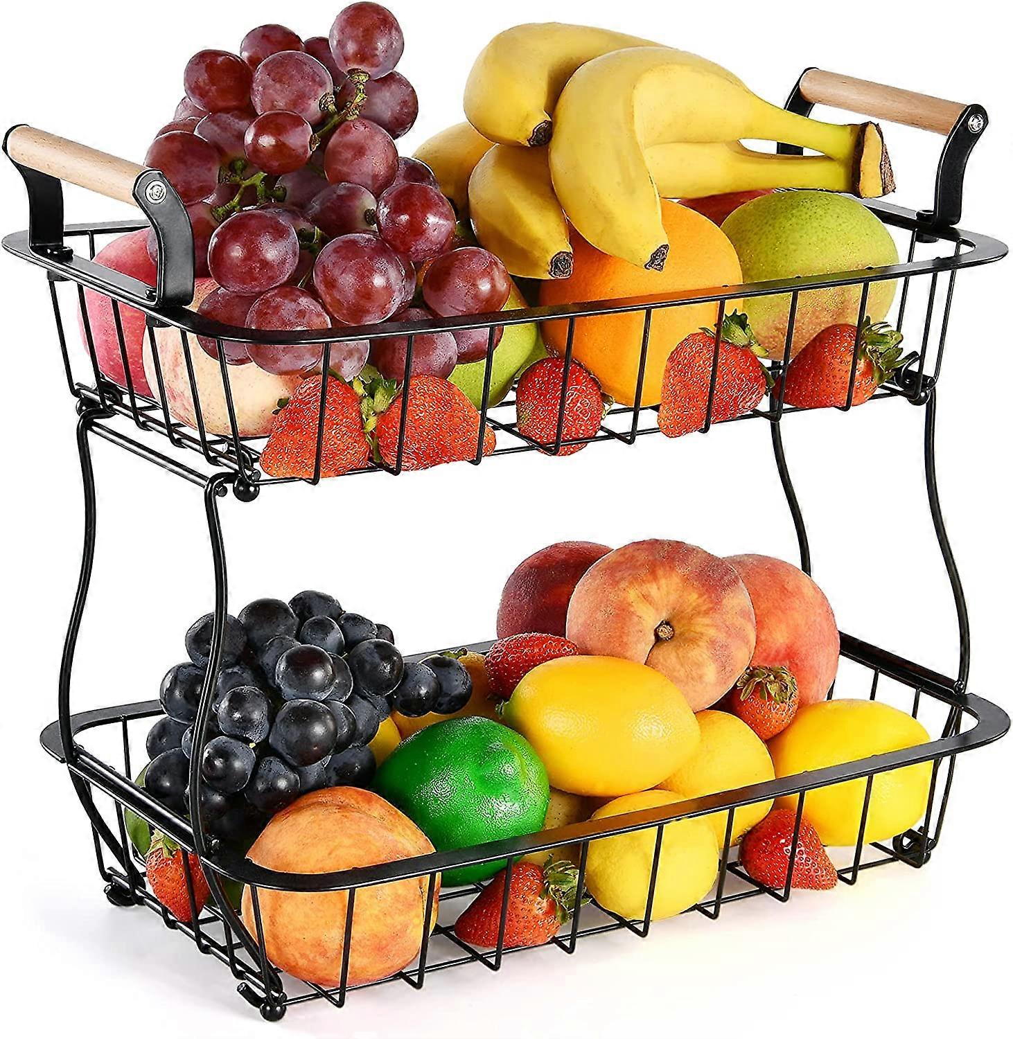 2 Tier Countertop Fruit Basket for Kitchen Vegetable Fruit Basket Bowl Metal Rectangle Holder Fruit Storage Basket Snack Storage Rack Kitchen Organize
