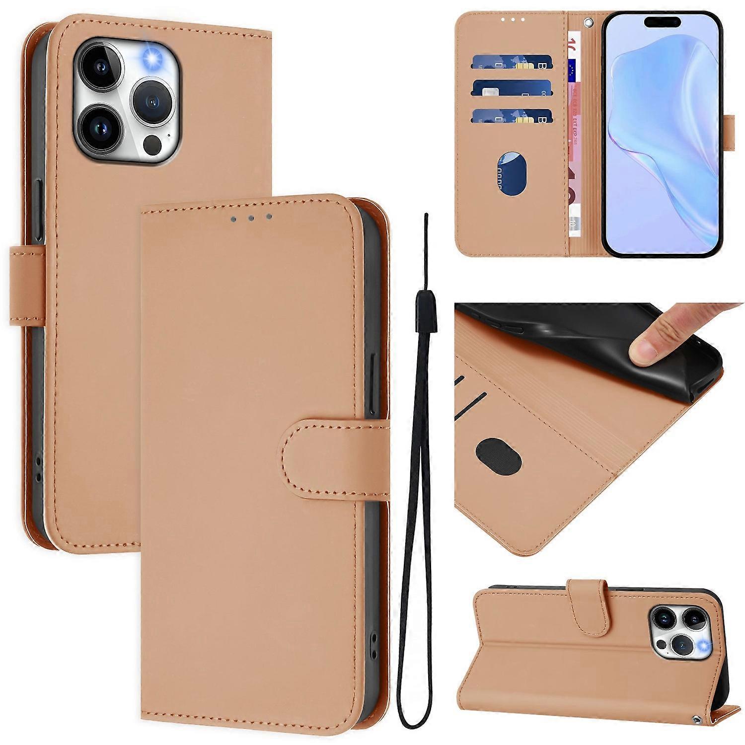 For iPhone 15 Pro Max Case Solid Color Wallet Leather Phone Cover with Strap - Nude
