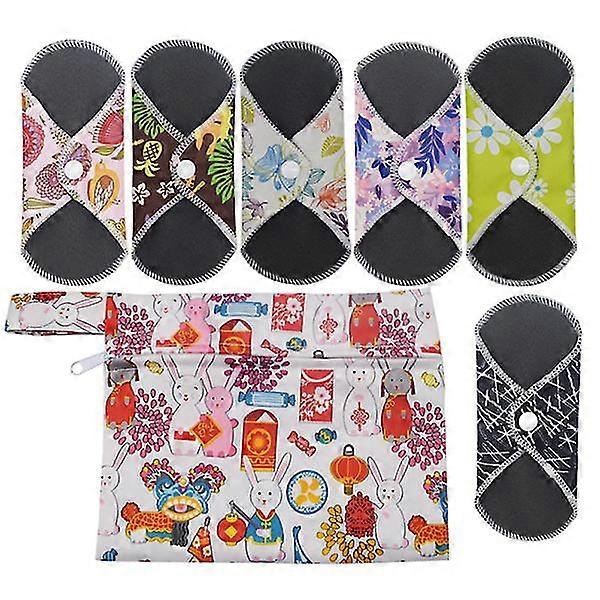 1 Set Of 7pcs Reusable Menstrual Pads Washable Bamboo Charcoal Sanitary Pads Panty Liners (6pcs Menstrual Pads And 1pc Bag Random Pattern)