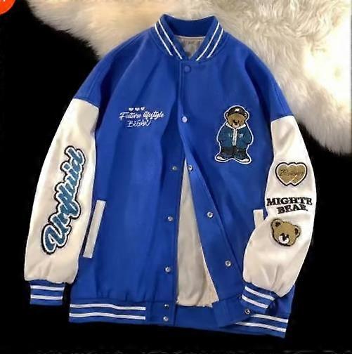 جاكيت بيسبول أزرق من كلاين للرجال، جاكيت مرقع عتيق للجنسين، ربيعي، قميص هيب هوب أمريكي للبيسبول، معطف غير رسمي للزوجين