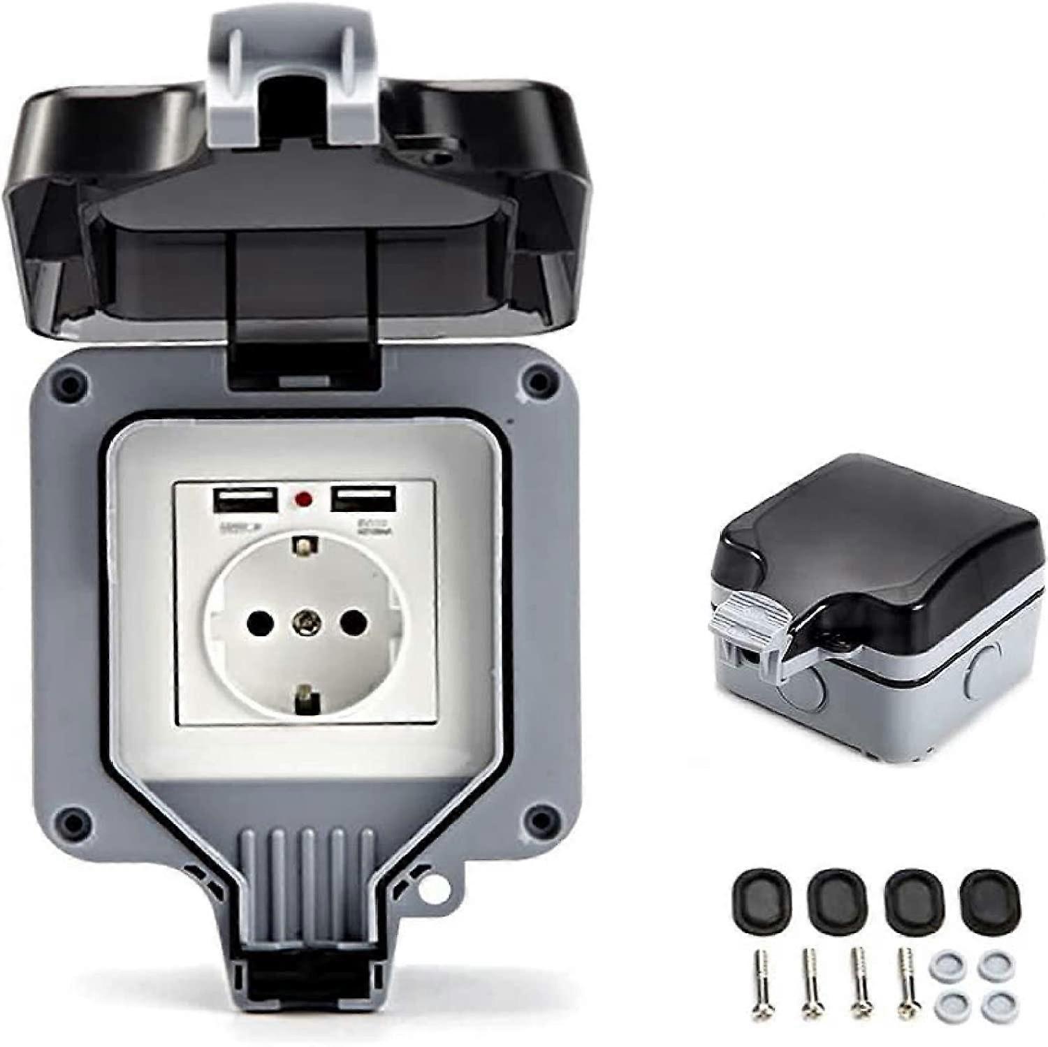 IP66 power socket with USB ports - Waterproof electrical wall socket - Outdoor socket - Surface mounting - Protection contact