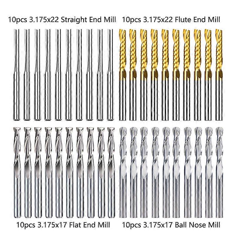 Milling Cutter 1040pcs CNC Router Bit 3175 Shank Ball Nose Flat Straight Flute End Mill Carbide Milling Tools