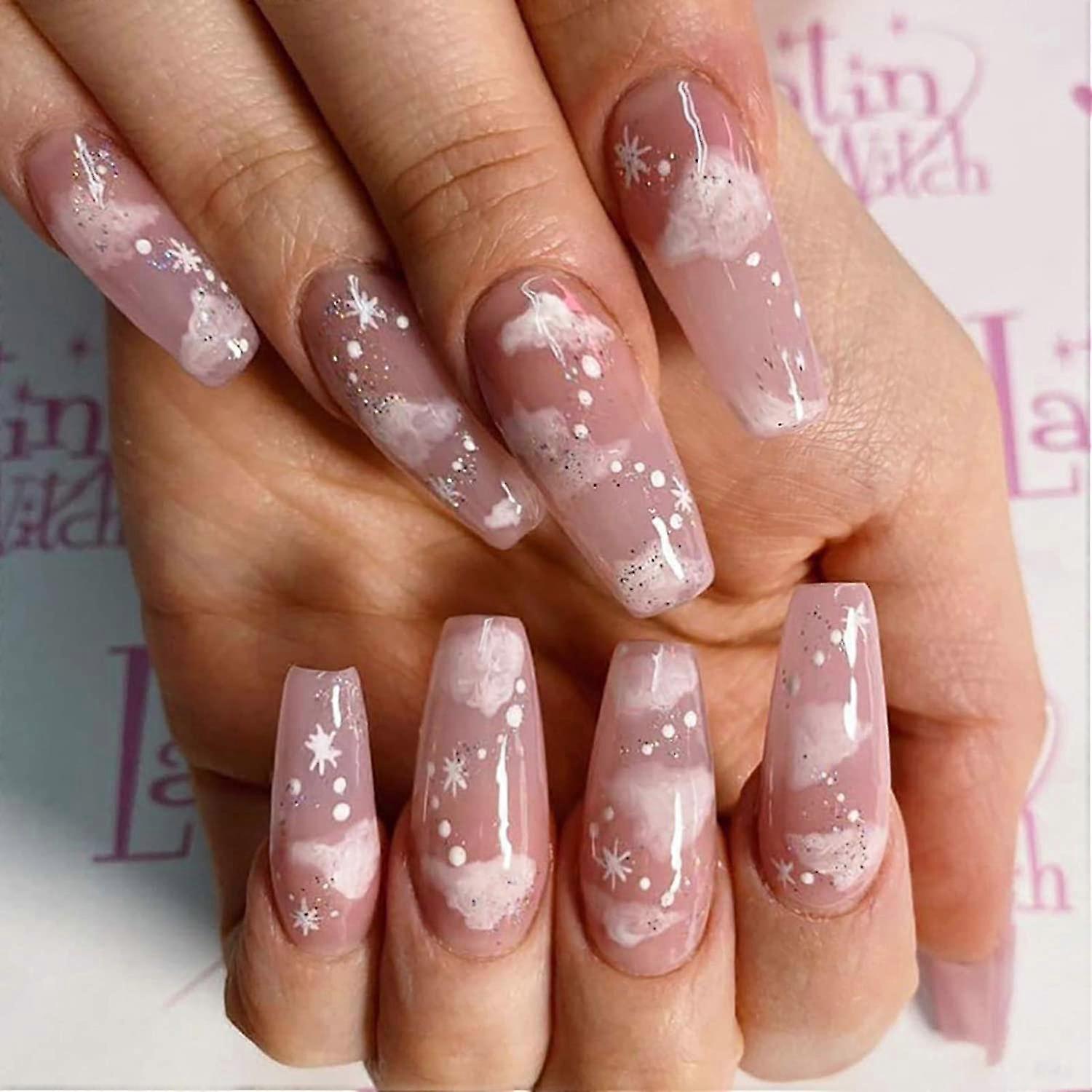 Extra Long Fake Nails Glue On Nails-nude Cloud