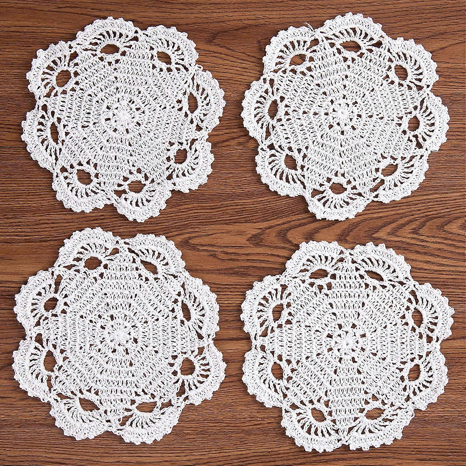 Feito à mão algodão crochê doilies renda mesa placemats montanhas-russas, 8 polegadas 4 peças (branco)
