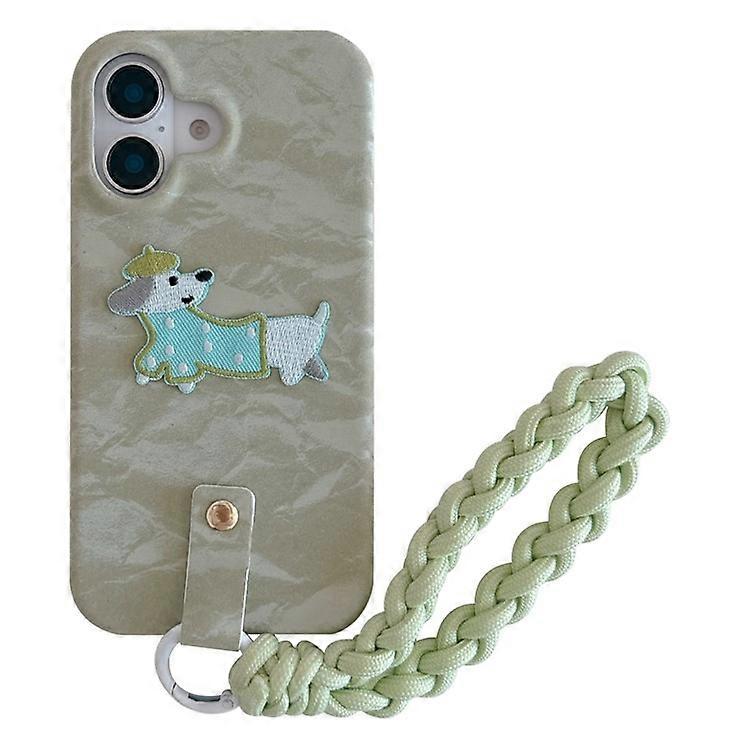 Compatible For iPhone 16 Plus Case Cute Pattern Soft PU+PC Phone Back Cover with Braided Handy Strap