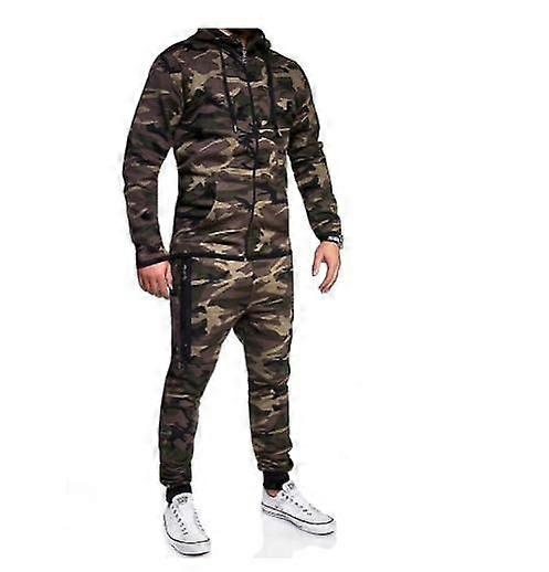 Herr kamouflage sportdräkt kläder byxor 2-delad hoodie casual kamouflage joggingdräkt