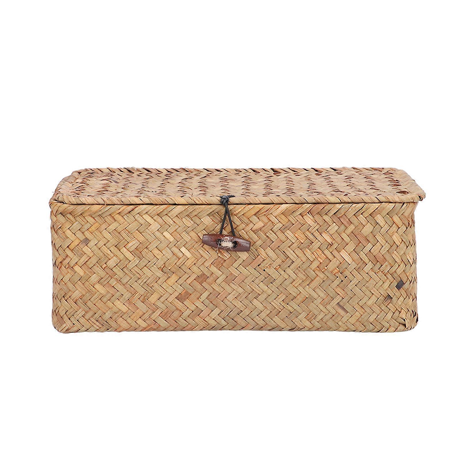 Natural Seagrass Storage Basket ,Woven Rectangular Shelf Basket Bins with Lids Desktop Organizer
