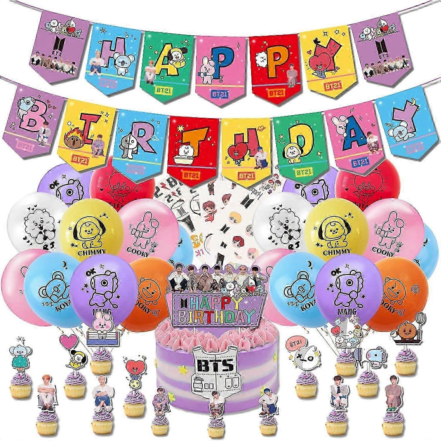 HEYONE BTS 誕生日パーティー用品 (ARMY用) BTSバナー1枚、BTSバルーン21個、BTSケーキトッパー15個、BTSタトゥーステッカー6枚、バルーンリボン2ロール -