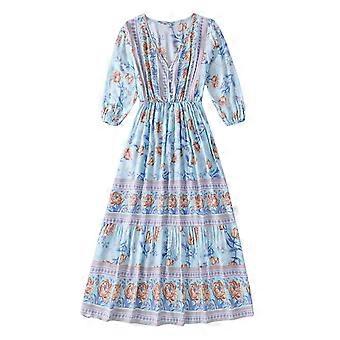 Lightweight Bohemian Style V-Neck Dress Elegant Dress Women Summer  Lightweight Dress Female Fashion Party Dresses Blue XL