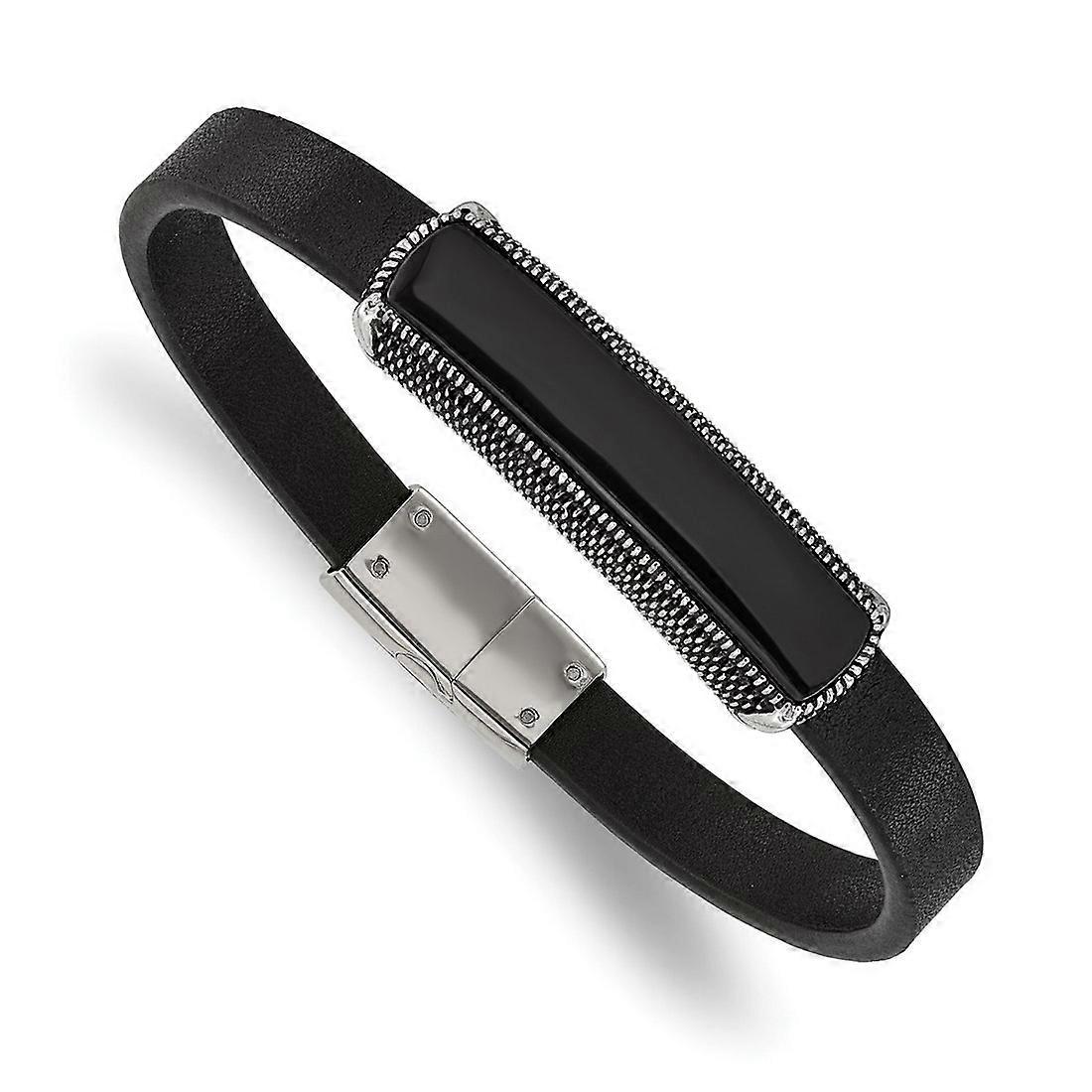 Stainless Steel Artisan Oxidized and Polished Black Agate Leather Bracelet 8.25 Inch 8mm Wide Link-Bracelet for Women