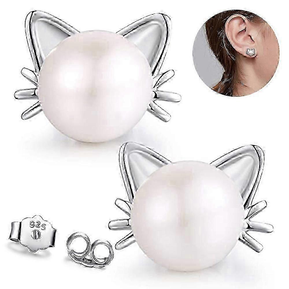 Cat Earrings Freshwater Pearl Earrings Sterling Silver Stud Earrings for Women Gift-188