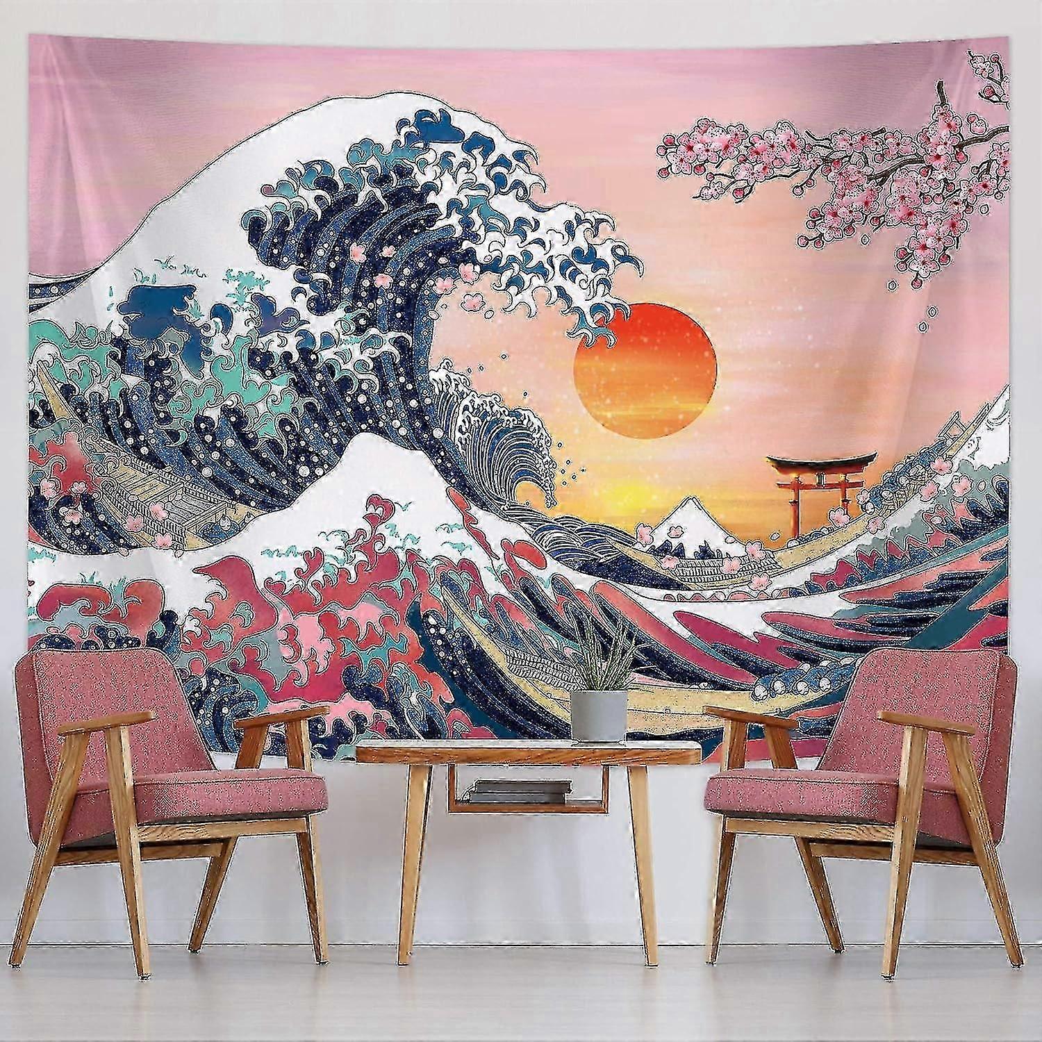 Great Wave Tapestry Japanese Ocean Wave Tapestry Sunset Tapestry Cherry Blossom Tree Background Kanagawa Mountain Tapestry (59 X 78.7 Inches)