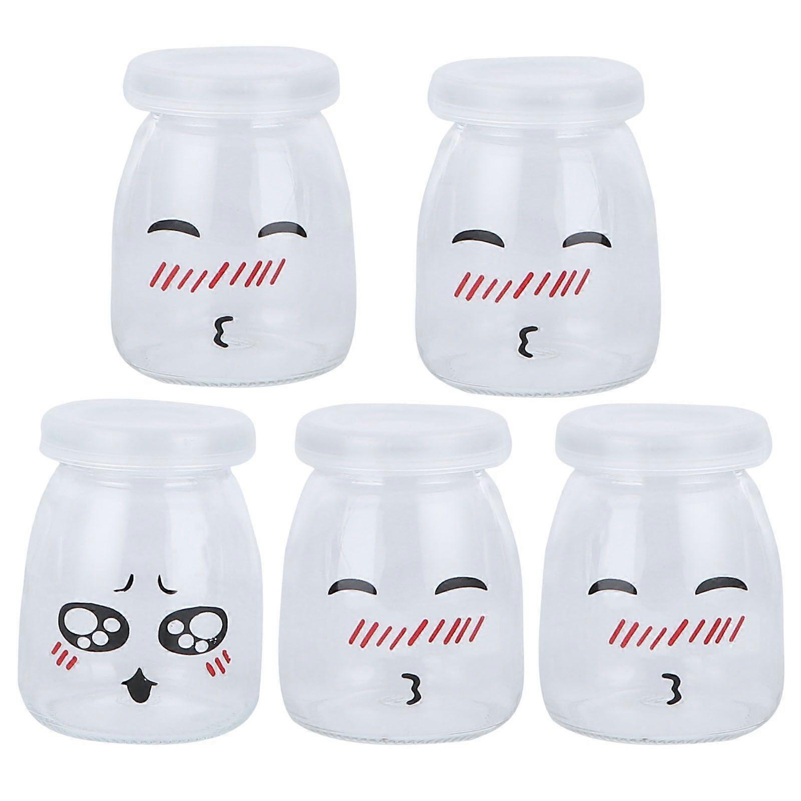 5pcs 150ml Face Pudding Bottle Glass Heat-resistant Yogurt Containers Milk Cup Jelly Jar (Random Pattern)