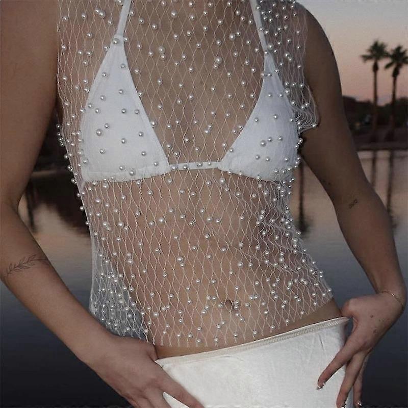 Spring and Summer Women's Bubble Bead Mesh See Through Sexy Sleeveless Vest Top