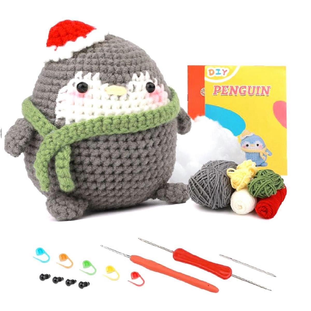 DIY Penguin Crochet Kit with Knitting Yarn Needles Plush Doll(Gray)