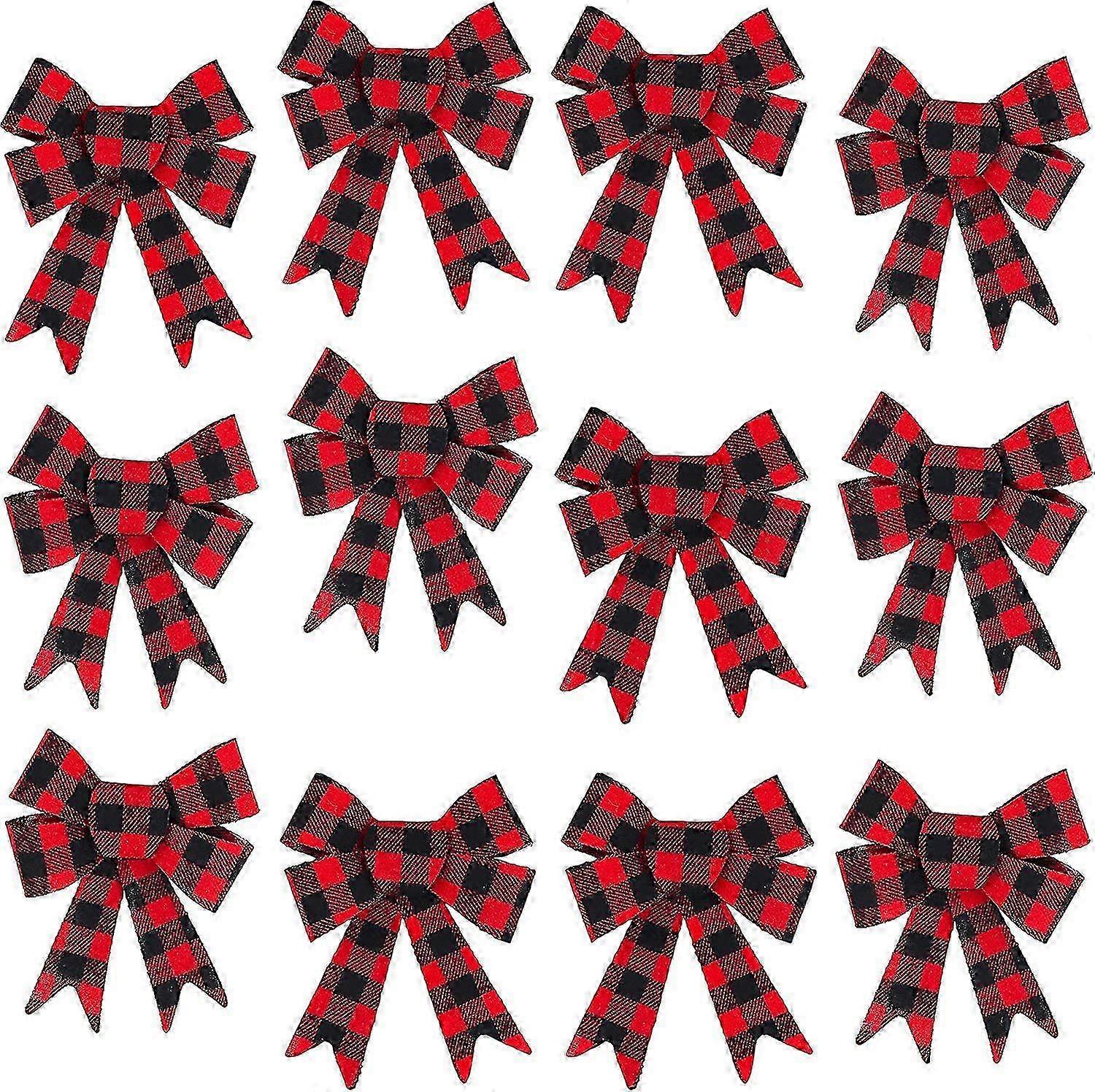 5-loop Red Plaid Flannel Bows 5 X 7-inch, 12-pack Holiday Decorative Bows for Various Brands