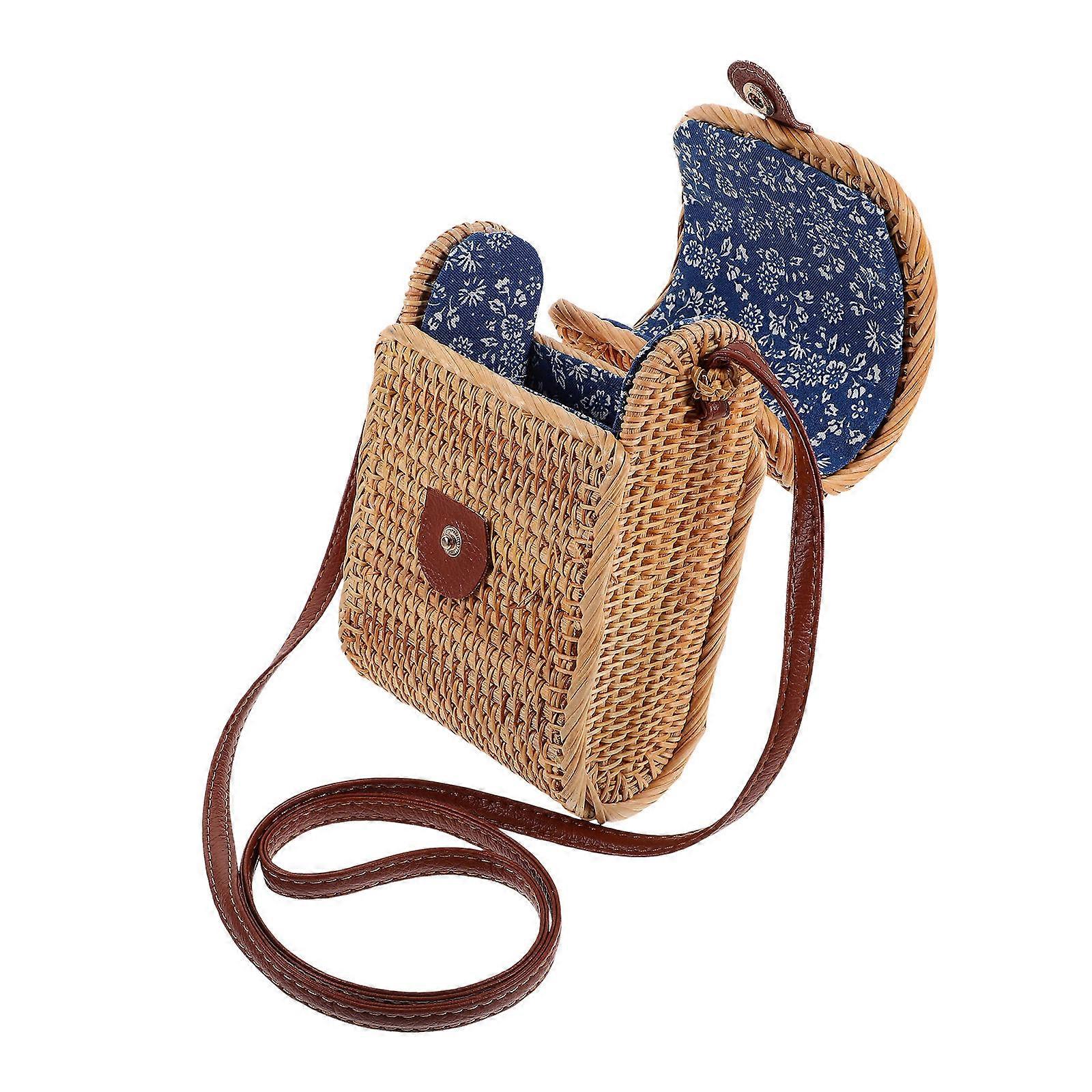 Brown Synthetic Material Woven Bag for Storage with Clamshell Lid Design and Crossbody Strap 10 inch