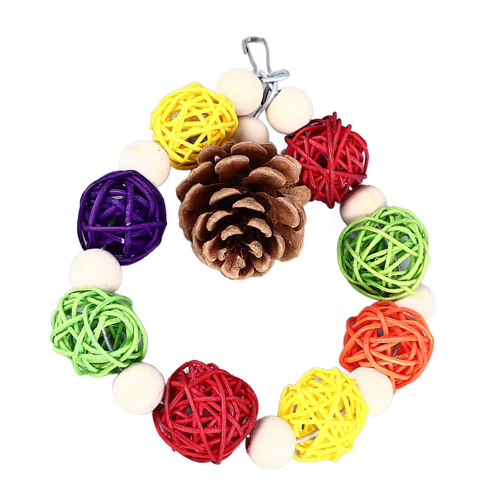 Parrot Chewing Toys Safe Corn Husk Cage Toys Interesting Anxiety Reduction Hanging Toys for Birds Hamsters Rabbits Circle Colored Ball Hanging String